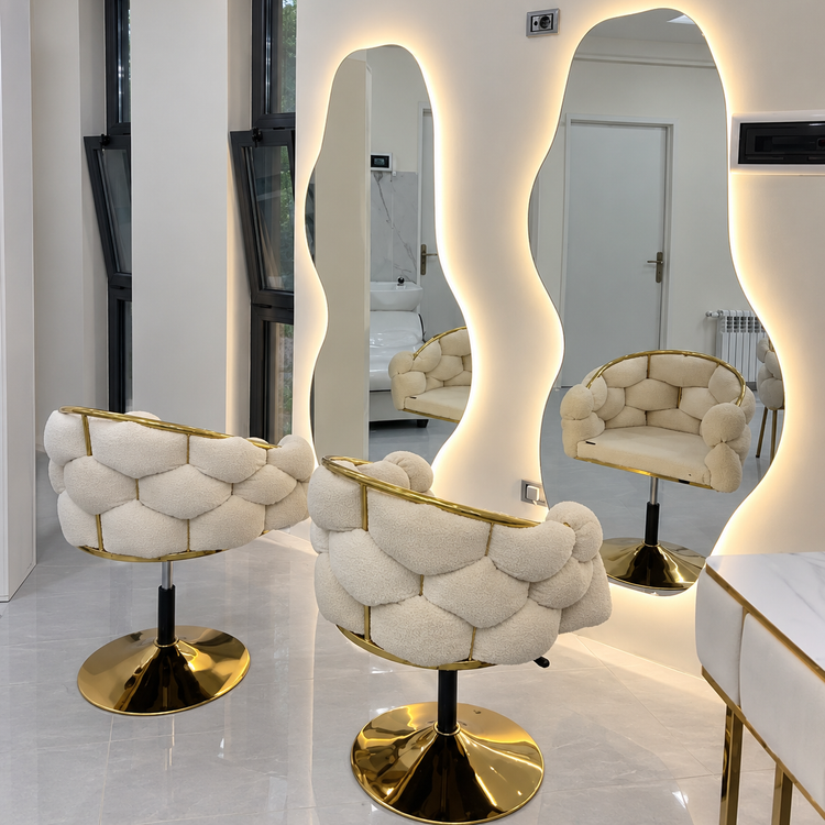 ست آینه دفرمه بک لایت و صندلی کوپ مدل گامبی با روکش کرمی و پایه طلایی سنترو دکور کپی متن جایگزین